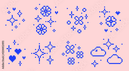 Y2k star sparkle blue icons. Glitter pixel art. Star. Heart. Flower. Cloud. Mood of 90s aesthetics. 8 bit retro style editable vector illustration. Simple geometric pattern set. Game abstract elements