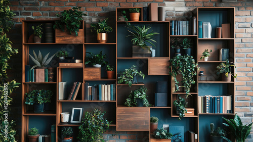 a contemporary style bookshelf adorned with plants that serves as a modern decorative element for virtual office backdrops studio backgrounds or can be printed in a large format to enhance a back


