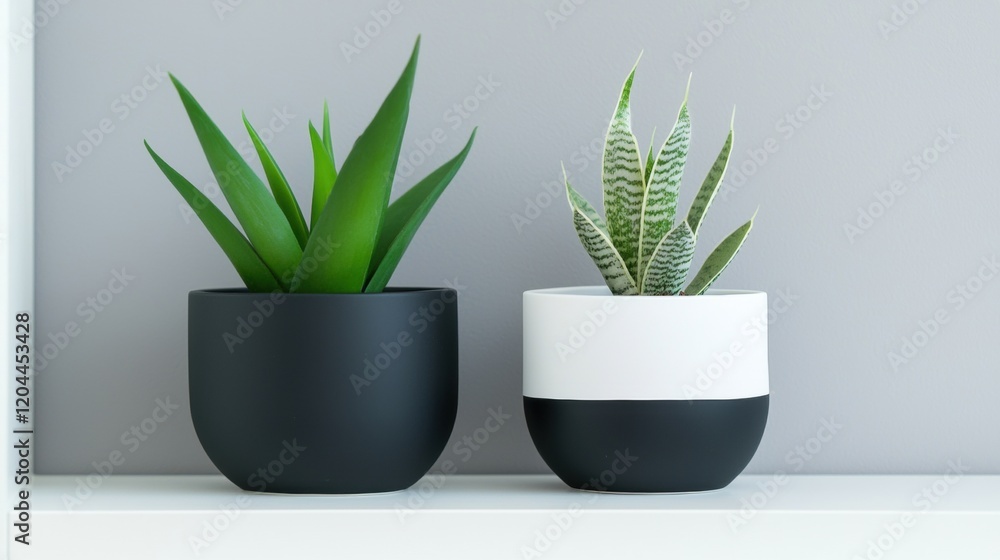 Two potted plants on a white shelf against a light grey wall. the plants are black and white in color and are placed side by side. on the left, there is a large green plant with long, pointed leaves. Two potted plants on a white shelf against a light grey wall. the plants are black and white in color and are placed side by side. on the left, there is a large green plant with long, pointed leaves.
