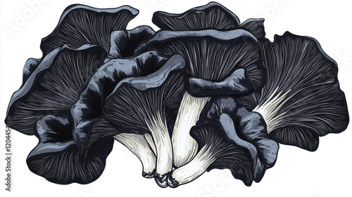 A hand drawn illustration of black trumpet mushrooms, also known as chanterelle mushrooms


 photo