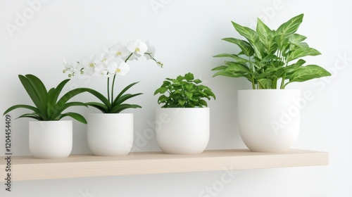 Wallpaper Mural Wooden shelf attached to a white wall. on the shelf, there are four white pots with different types of plants in them. Torontodigital.ca