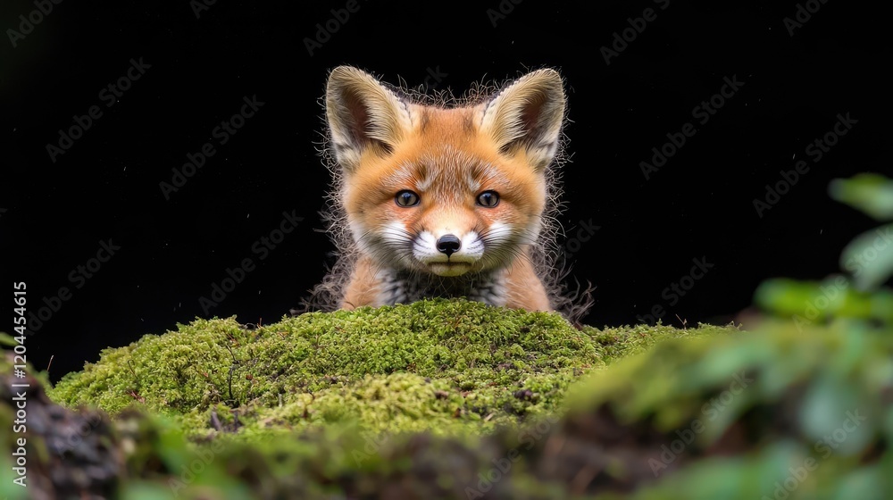 Obraz premium Red fox kit peering from moss, dark background, wildlife photography, nature poster