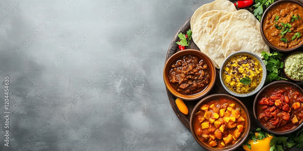 Traditional Ethiopian Platter with Injera and Various Stews Traditional Ethiopian Platter with Injera and Various Stews