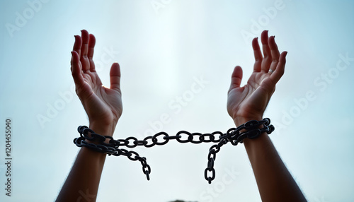 Person with shackled hands reaching towards sky. Bound but hopeful. Image of struggling against oppression. Focus on captivity, longing for freedom. Symbolic image about breaking chains of bondage.
