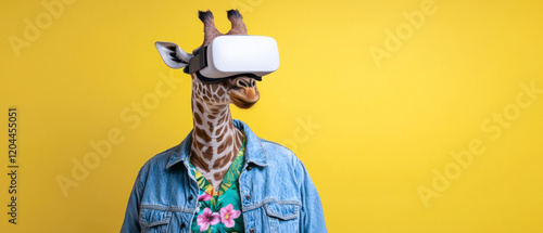 Giraffe with VR Headset on Yellow Background: Funny Animal with Virtual Reality Headset Hawaiian Shirt and Jeans Jacket on Vibrant Yellow Backdrop - Banner with Copy Space