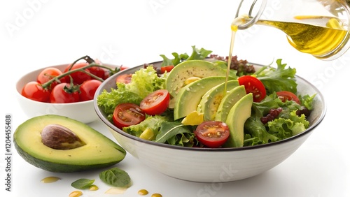 A fresh salad with avocado slices, cherry tomatoes, and greens, drizzled with olive oil. A vibrant and healthy dish perfect for themes of nutrition, cooking, and wholesome eating.

 photo