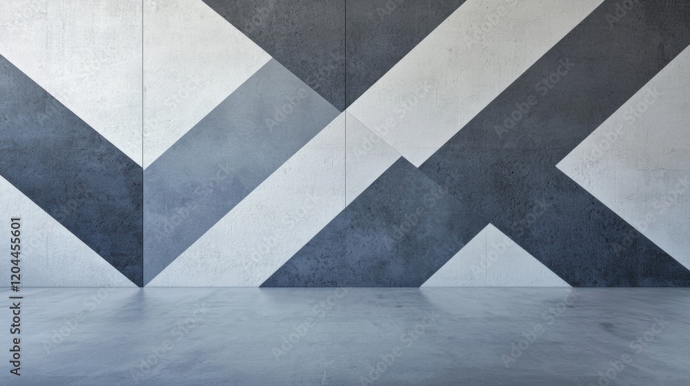 Fototapeta premium Empty room with a concrete wall and floor. the wall is painted in a geometric pattern of black and white diagonal lines, creating a zigzag effect.