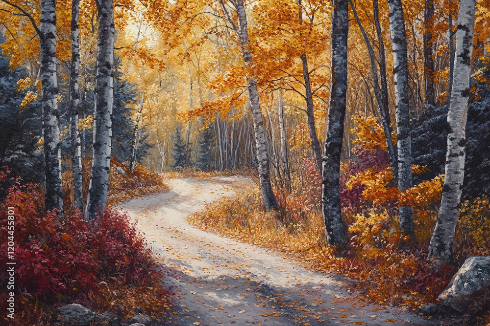 Beautiful fall foliage in a forest landscape, with a leaf-covered path winding through the trees. Beautiful fall foliage in a forest landscape, with a leaf-covered path winding through the trees.