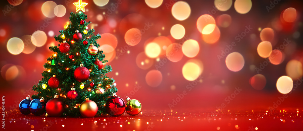 Christmas Tree with Ornaments, Lights, and Festive Red Bokeh Background Christmas Tree with Ornaments, Lights, and Festive Red Bokeh Background