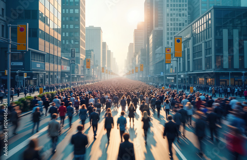 Massive crowd walks city street. Urban setting. People move fast. Sunny day. Many people. Urban scene. City life. Global population. World population growth. Densely populated area.