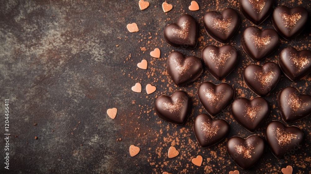 Rich dark chocolate heart-shaped candies arranged on a rustic textured surface. Perfect for Valentine's Day, gourmet themes, or luxury dessert visuals. Rich dark chocolate heart-shaped candies arranged on a rustic textured surface. Perfect for Valentine's Day, gourmet themes, or luxury dessert visuals.