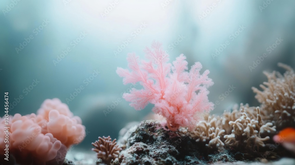 Fototapeta premium Dreamy underwater scene with pink coral and soft marine flora against a gentle blue oceanic background, exuding tranquility and natural beauty.