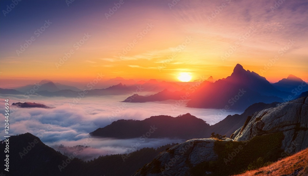 Obraz premium A breathtaking mountain landscape at sunrise, with mist rolling over the peaks, bathed in soft golden light, creating a serene and awe-inspiring view.
