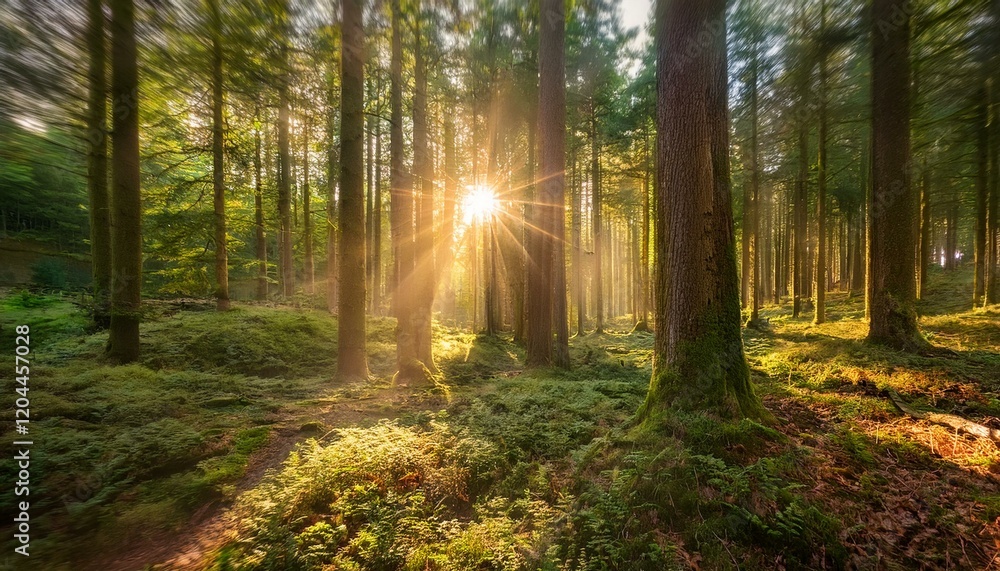 Obraz premium A serene forest scene with sunlight streaming through tall trees, creating a magical atmosphere, where soft rays of light filter through the leaves, illuminating the peaceful surroundings.
