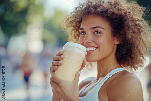 Fit woman drinking her protein shake at the shaker after her workout