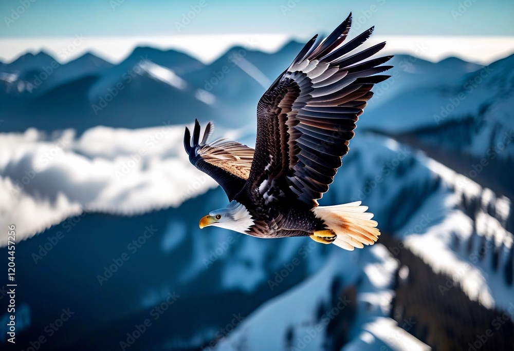 Obraz premium Majestic bald eagle soaring over snow-capped mountains during a clear day