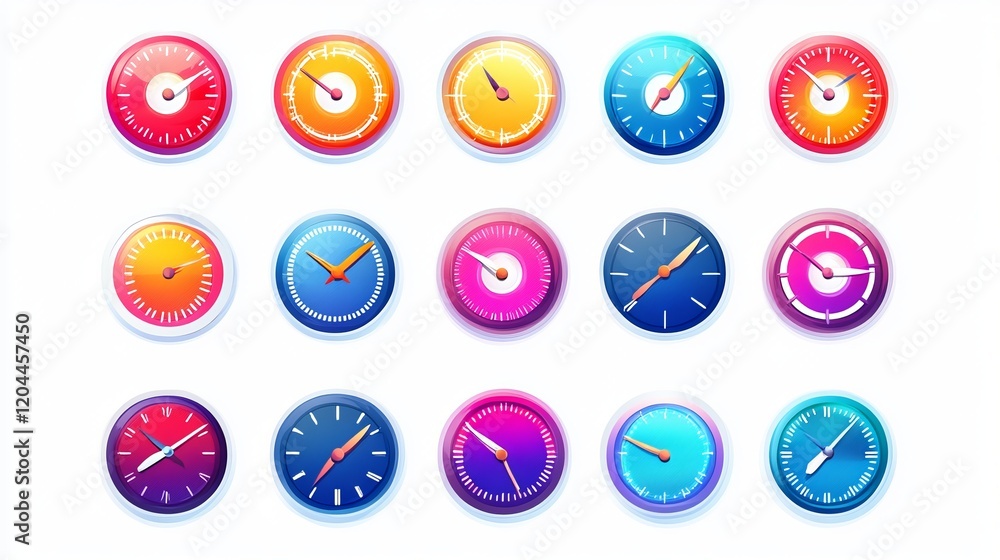 A set of vector icons representing quick time and speed, featuring symbols like a stopwatch, fast-forward arrows, and speedometers. These icons are isolated on a white background 