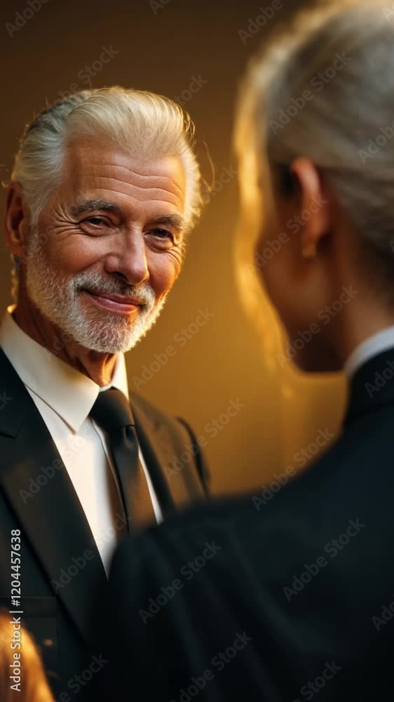 Older gentleman with grey hair and a suit talks to a young woman in formal attire Older gentleman with grey hair and a suit talks to a young woman in formal attire