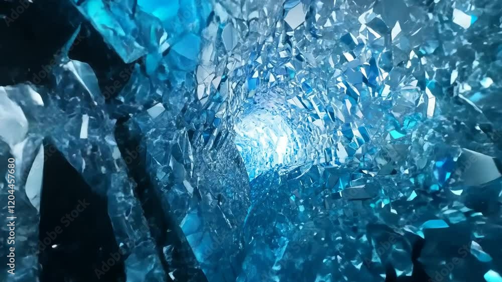 Abstract tunnel of shimmering blue crystals and geometric reflections Abstract tunnel of shimmering blue crystals and geometric reflections