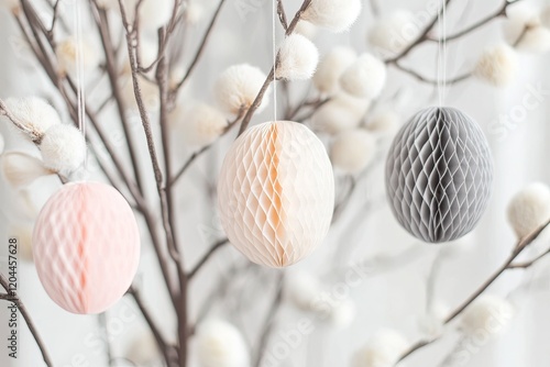 Delicate pastel eggs hang gracefully on bare branch, evoking spr photo