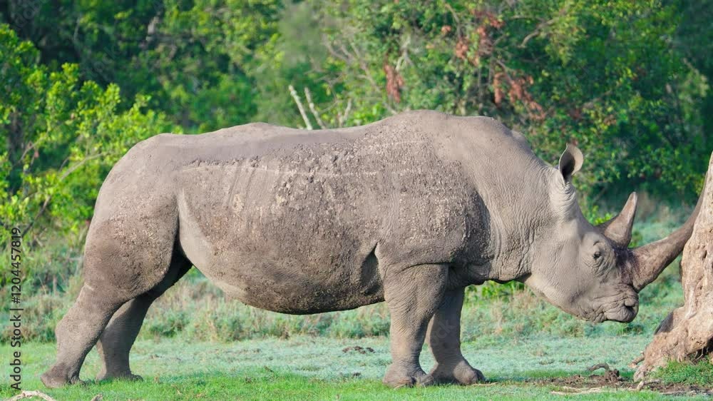 Large Southern White Rhino scratching itself against a tree. Large Southern White Rhino scratching itself against a tree.