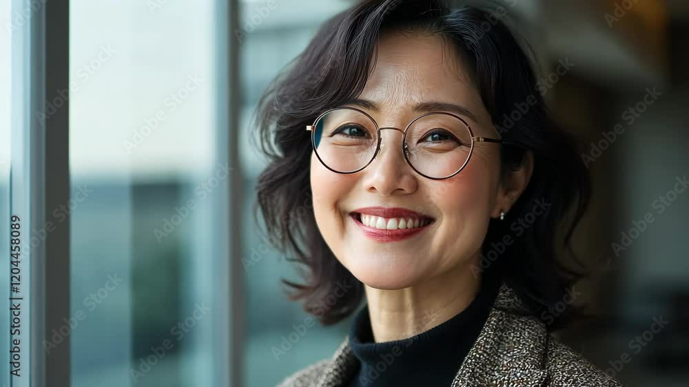 Confident professional smiling with glasses in modern urban setting Confident professional smiling with glasses in modern urban setting
