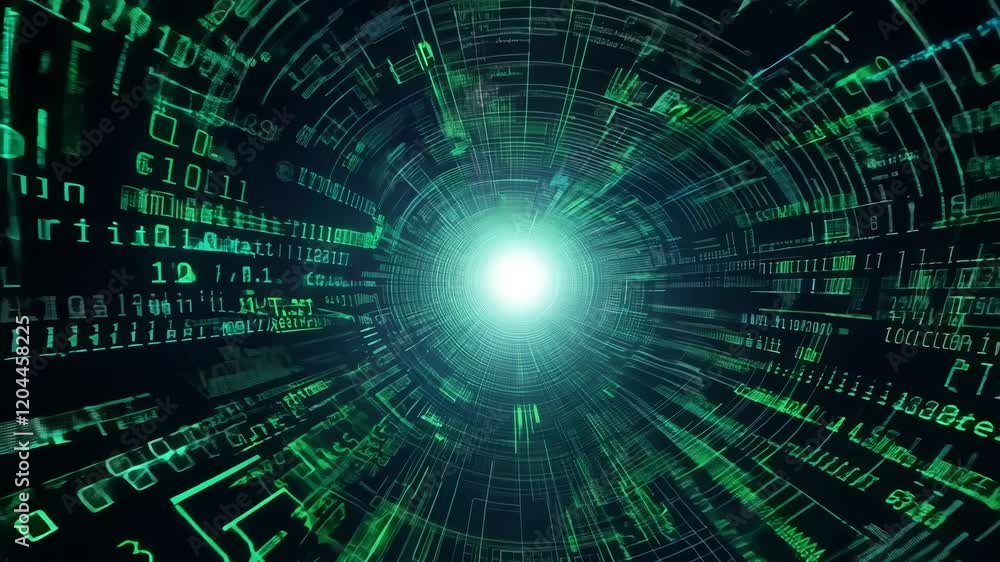 Digital data stream tunnel with futuristic green glowing lines and light portal Digital data stream tunnel with futuristic green glowing lines and light portal