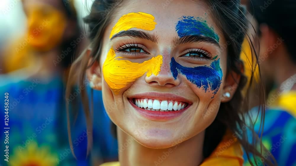 Joyful celebration: colorful face paint smile in vibrant festival sequence Joyful celebration: colorful face paint smile in vibrant festival sequence