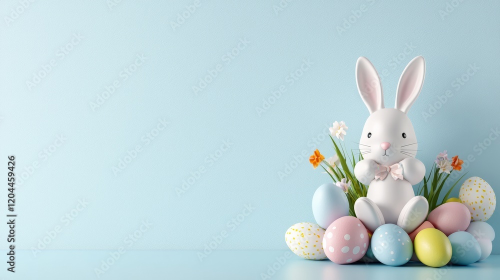 Obraz premium Delicate Easter advertising banner, pastel color scheme, generous top copy space, enriched with playful bunny and egg motifs
