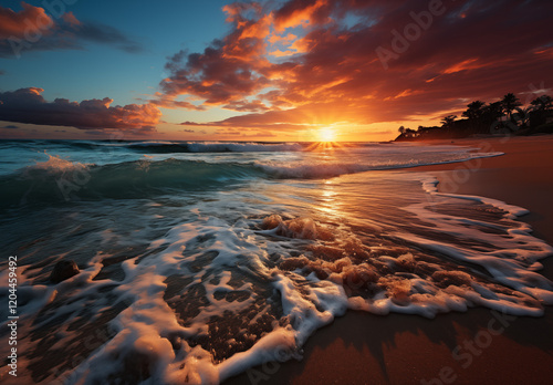 Beautiful seascape with turquoise water and a golden sunset on the beach. The sun is setting over the ocean, creating long waves that gently lap against the shore. photo