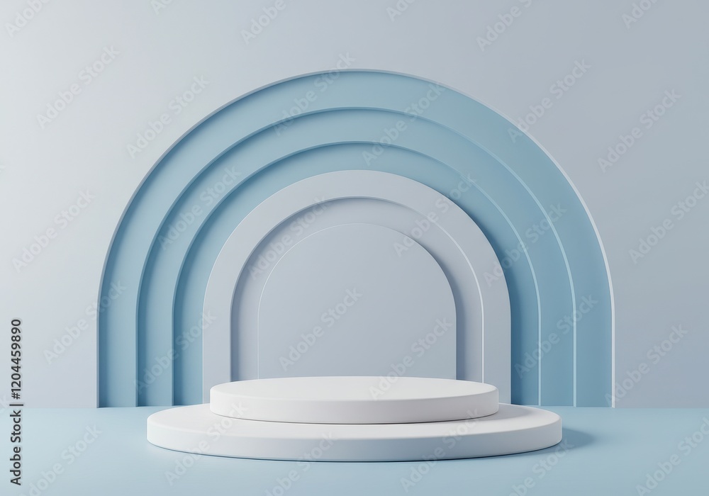 A 3D illustration of a simple white circular podium with layered blue semi-circular arches in the background A 3D illustration of a simple white circular podium with layered blue semi-circular arches in the background