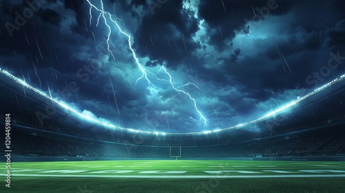 American Football stadium, green turf field, background for promo, dramatic sky with lightning