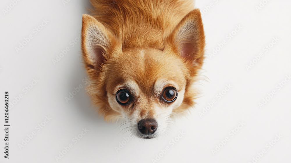 a small fluffy dog with tan and white fur lying down looking up with large round eyes on a clean white background
a small fluffy dog with tan and white fur lying down looking up with large round eyes on a clean white background