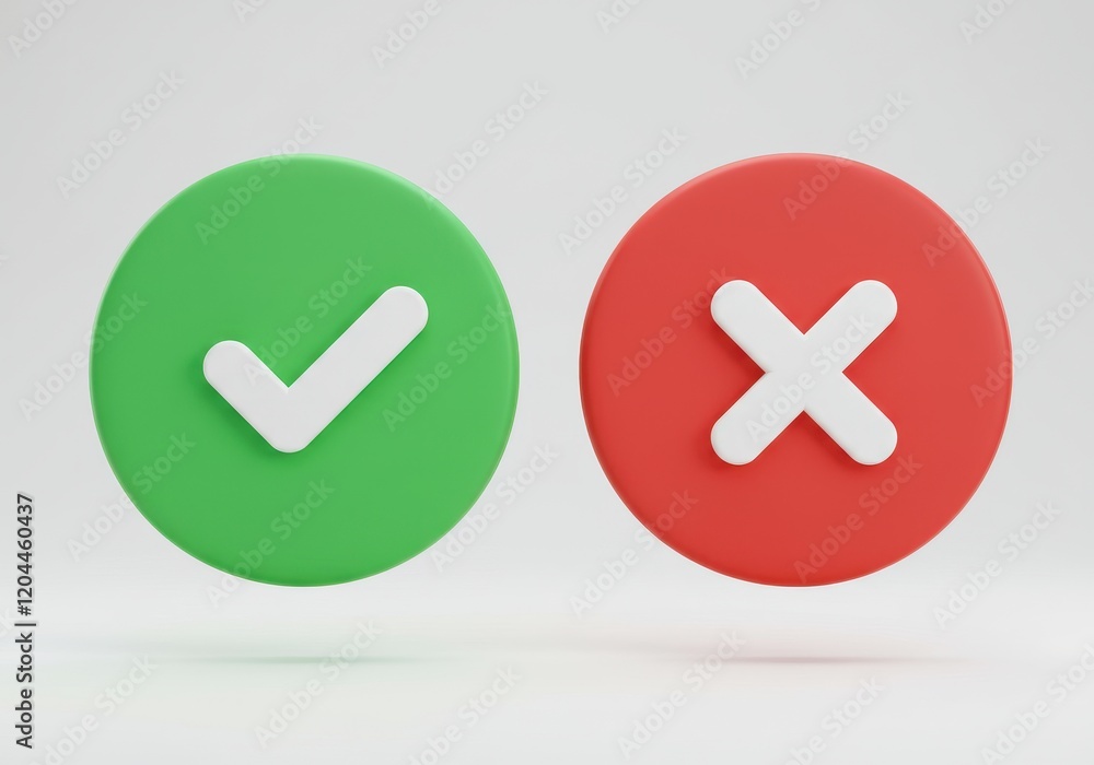 A 3D illustration of two circular buttons one green with a white checkmark and one red with a white cross A 3D illustration of two circular buttons one green with a white checkmark and one red with a white cross