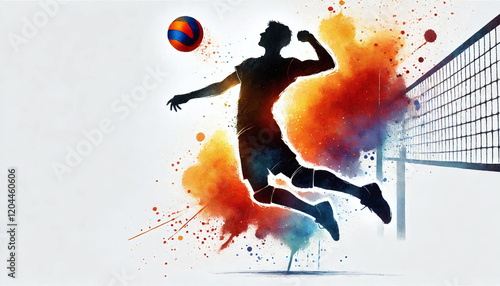 Silhouette watercolor illustration of a volleyball player in action, energy sport theme concept on isolated white background. Generative AI.