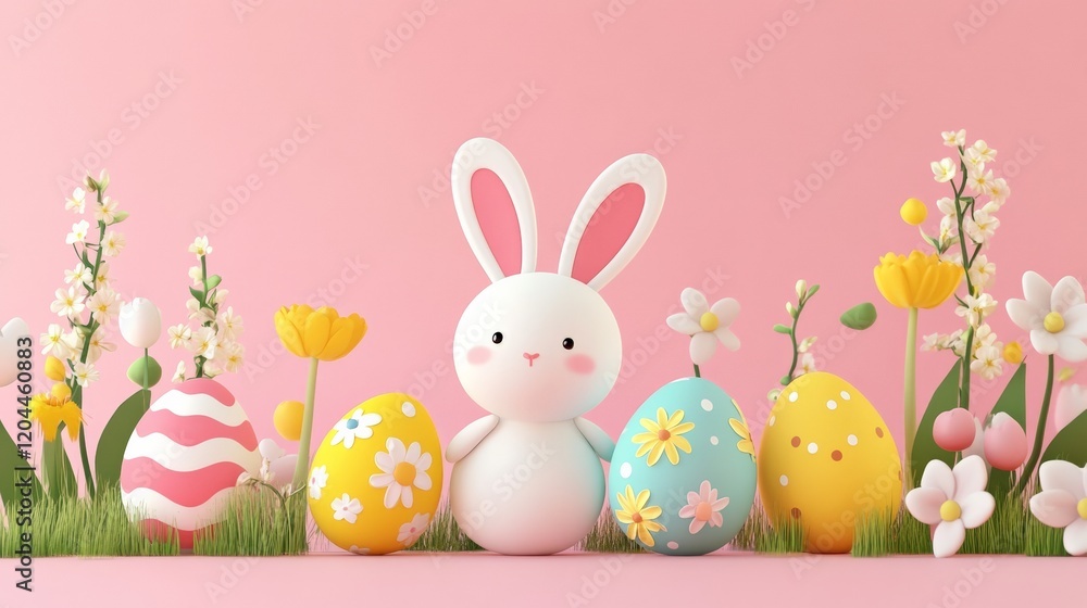 A charming Easter-themed illustration featuring colorful eggs with bunny ears, surrounded by a cheerful rabbit character and spring flowers. A charming Easter-themed illustration featuring colorful eggs with bunny ears, surrounded by a cheerful rabbit character and spring flowers.