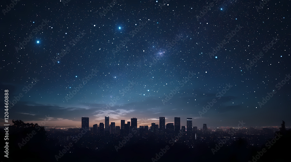 Night sky with stars over a city skyline. Starry Horizon. Illustration Night sky with stars over a city skyline. Starry Horizon. Illustration