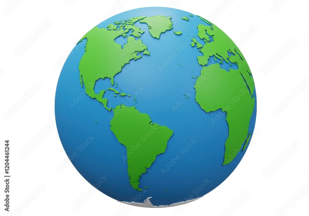 A 3D illustration of a globe with bright blue oceans and vibrant green continents isolated on a white background A 3D illustration of a globe with bright blue oceans and vibrant green continents isolated on a white background
