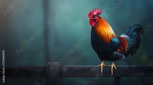 Majestic Rooster Perched on Rustic Wooden Fence with Vibrant Plumage photo