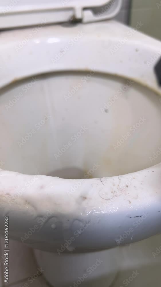 Vertical video 4K. Man sprays cleaning liquid with foam on dirty ceramic white toilet with yellow coating, rust, dirt. Bath room cleaning process. Male hand with black sprayer close up. Wash. Cleaning