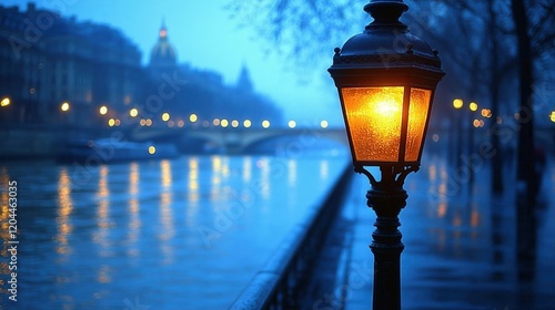 Parisian Evening: A Luminous Lamp Post by the Seine photo