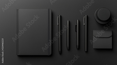 Set of stationery items arranged on a black background. on the left side of the image, there is a black notebook with a blank cover. next to it, there are two black pens with silver tips.