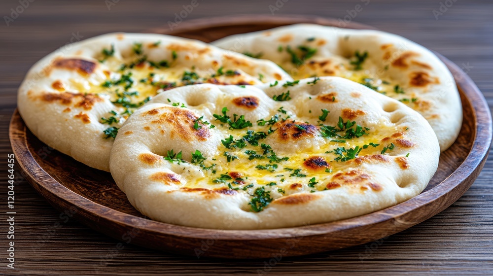 Three golden-brown naan breads topped with melted butter and fresh parsley, served on a rustic wooden plate. Three golden-brown naan breads topped with melted butter and fresh parsley, served on a rustic wooden plate.