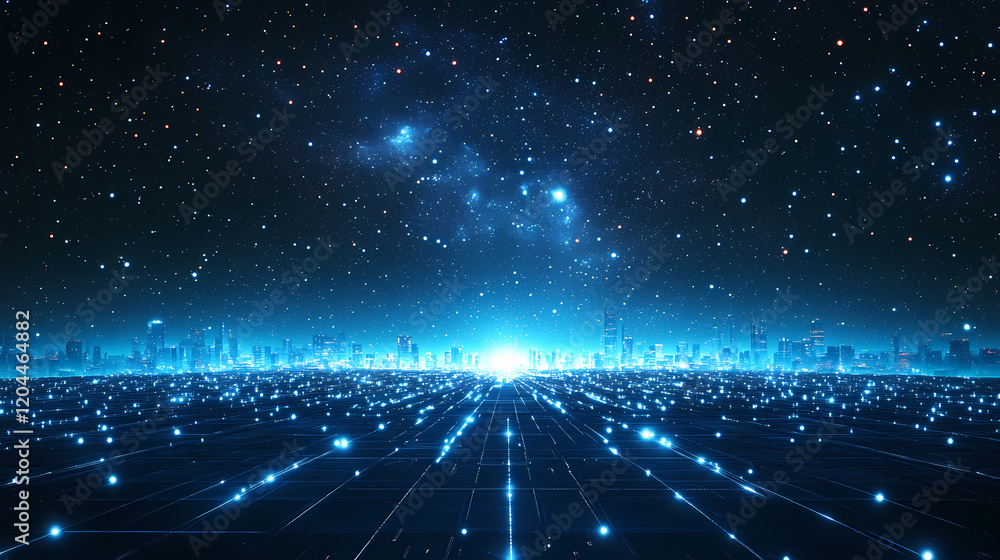 Futuristic cityscape under starry sky with glowing pathways. Starry Horizon. Illustration Futuristic cityscape under starry sky with glowing pathways. Starry Horizon. Illustration