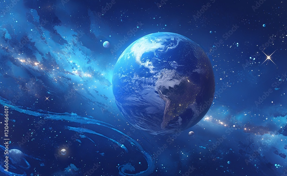 Obraz premium Serene Earth in Space with Stars and Galaxies, Featuring Landmasses and a Gentle Cloud of Smoke – A Peaceful and Natural View of Our Planet