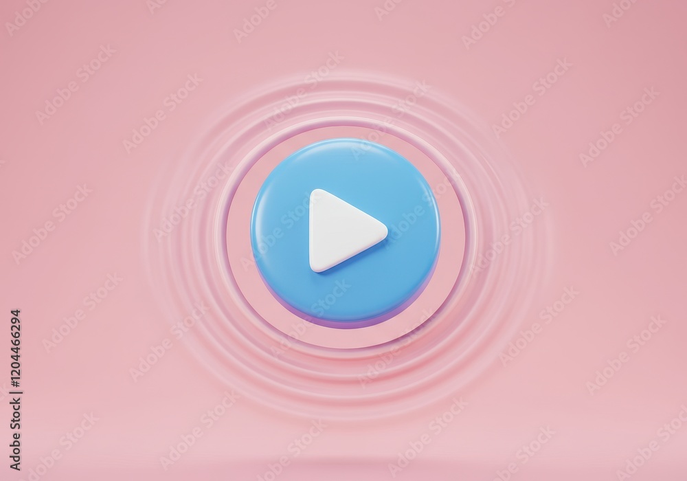 A 3D illustration of a blue circular play button with white triangular icon in the center, set against a pink background A 3D illustration of a blue circular play button with white triangular icon in the center, set against a pink background