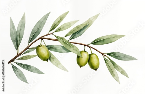 Wallpaper Mural Watercolor illustration of olive branch with ripe olives. Fresh green leaves, twig create beautiful design element. Organic plant, natural food. Image suitable for cooking, food, healthy food, Torontodigital.ca