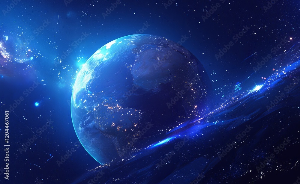 Obraz premium The Earth in Space with Artistic Representation of America, Surrounded by Stars, Galaxies, and a Deep Blue Background – A Focused View of Nature