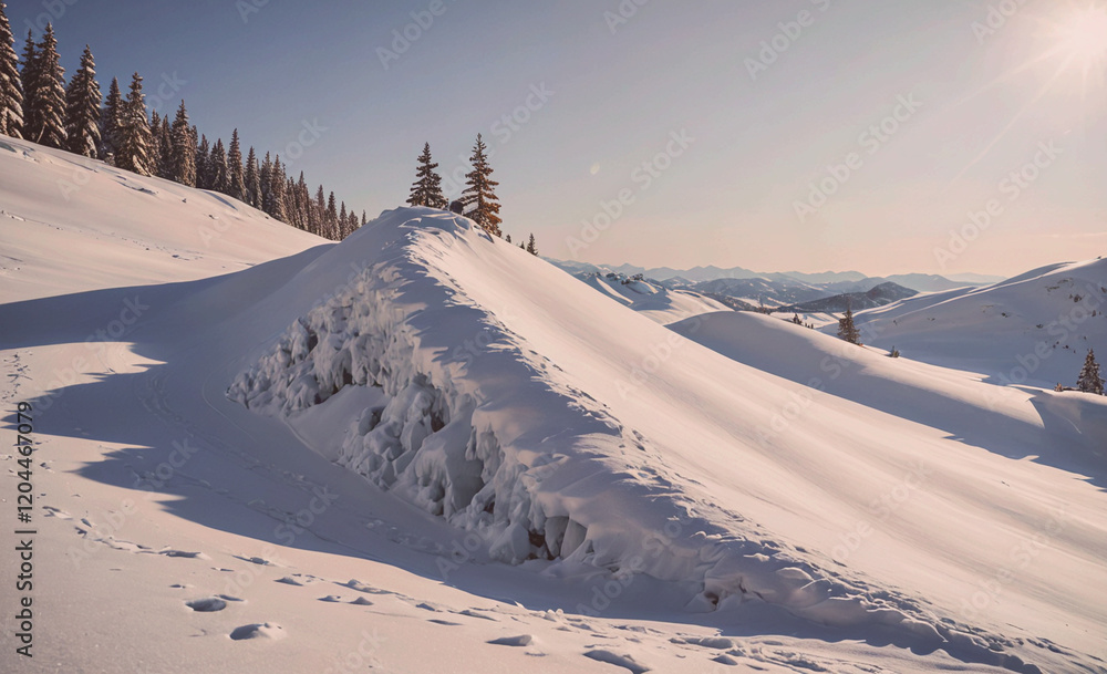 A snow covered mountain with a small hill and two trees. The sun is shining on the snow A snow covered mountain with a small hill and two trees. The sun is shining on the snow