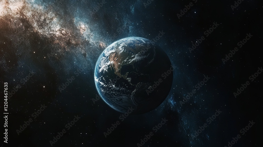 Obraz premium The Earth in Space with Artistic Representation of America, Surrounded by Stars, Galaxies, and a Deep Blue Background – A Focused View of Nature